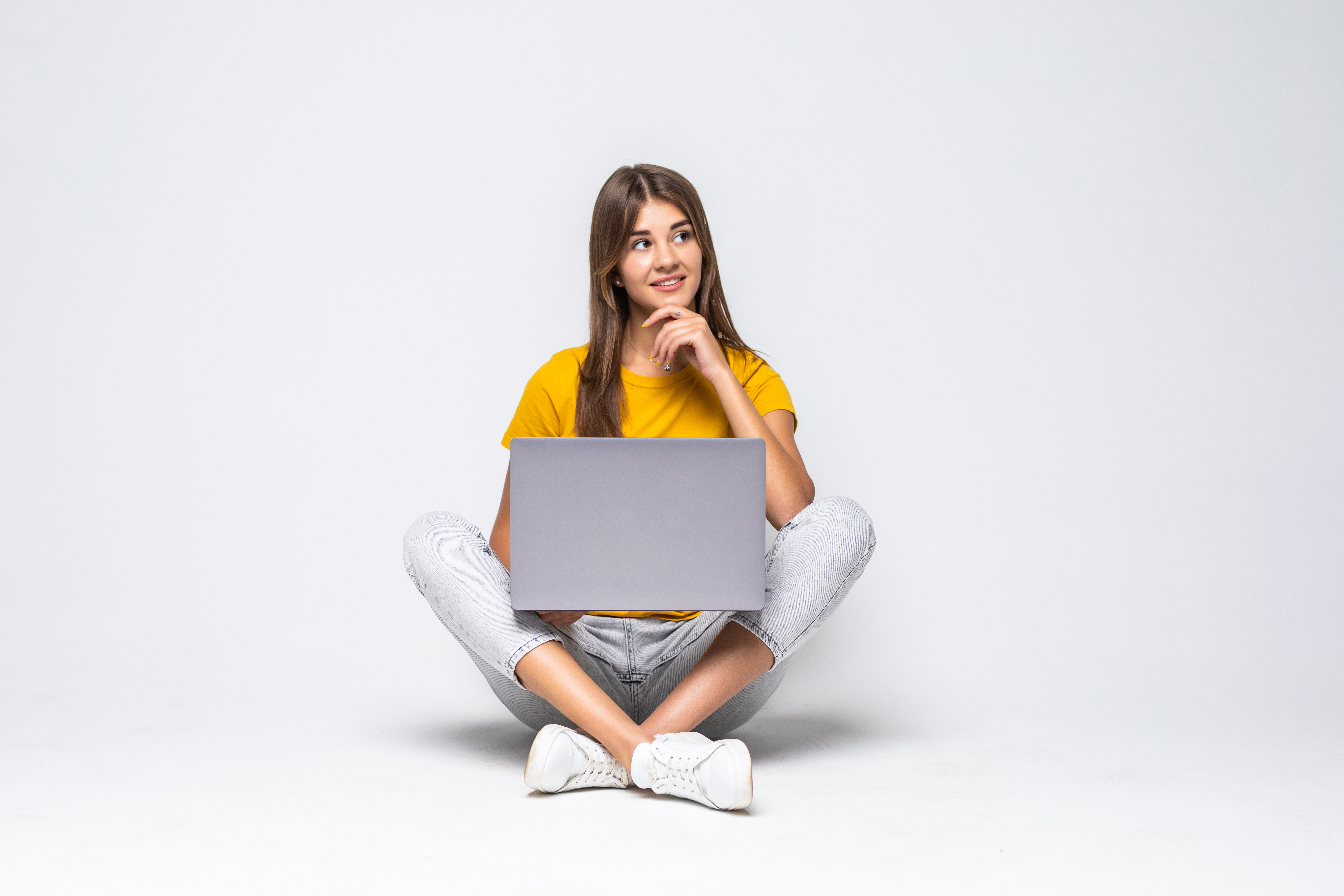 woman-working-laptop-white-backgorund